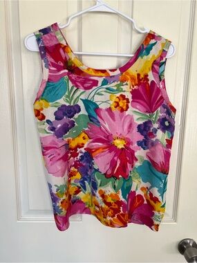 Vintage Boom Floral Rayon Tank Top Watercolor Tropical Print Sleeveless L